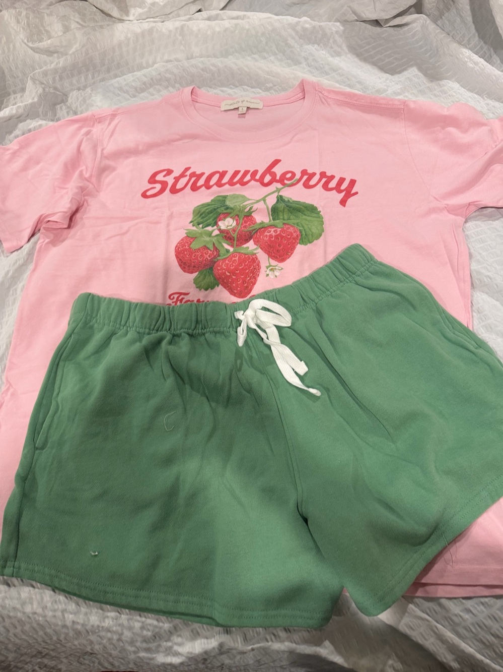 Pink Strawberry Graphic women’s Pajama Top with Green Shorts